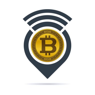 Altın renkli bitcoin sembolü - beyaz zemin üzerinde radyo dalgası olan adres simgesi. Para birimi simgesi tasarımı.