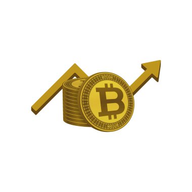 Altın renkli bitcoin yığınları ve beyaz arka planda büyüme sembolü. Finans simgesi tasarımı.