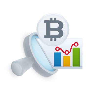 Pazar araştırma ikonu, büyüteç ve beyaz arka planda bitcoin sembolü. Finans simgesi tasarımı.