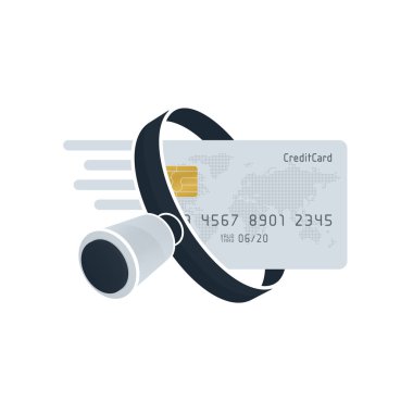 Beyaz arka planda beyaz kredi kartı ve siyah büyüteç. Finans simgesi tasarımı.