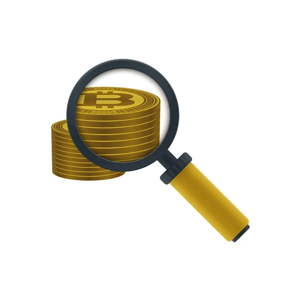 金色的比特币在白色背景上堆叠和放大玻璃图标 财务图标设计 — 图库矢量图片