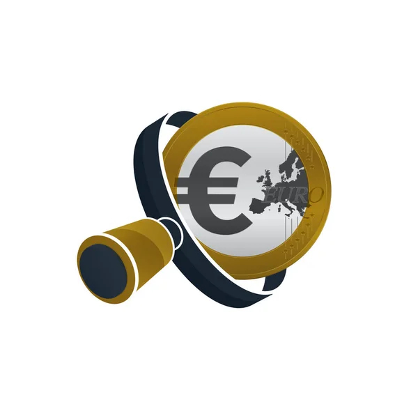 Moneda Euro Color Oro Lupa Negra Sobre Fondo Blanco Diseño — Vector de stock