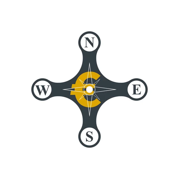Kompas Rósł Symbolem Euro Białym Tle Projekt Ikony Kierunkowej — Wektor stockowy