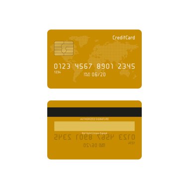 Beyaz arka planda harita desenli sarı kredi kartı. Finans kavramı tasarımı.