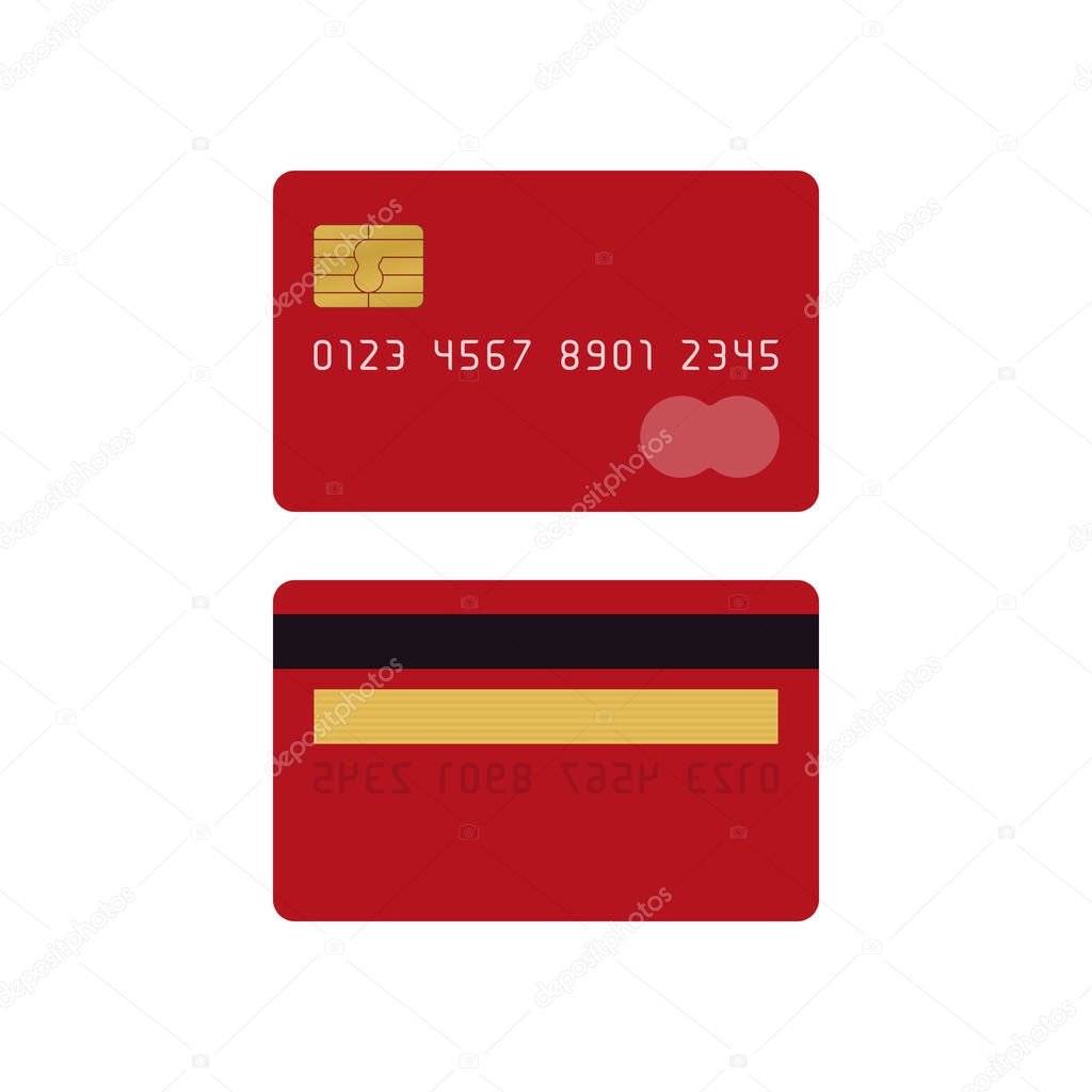 Red credit card with map pattern on white background. Finance concept design.