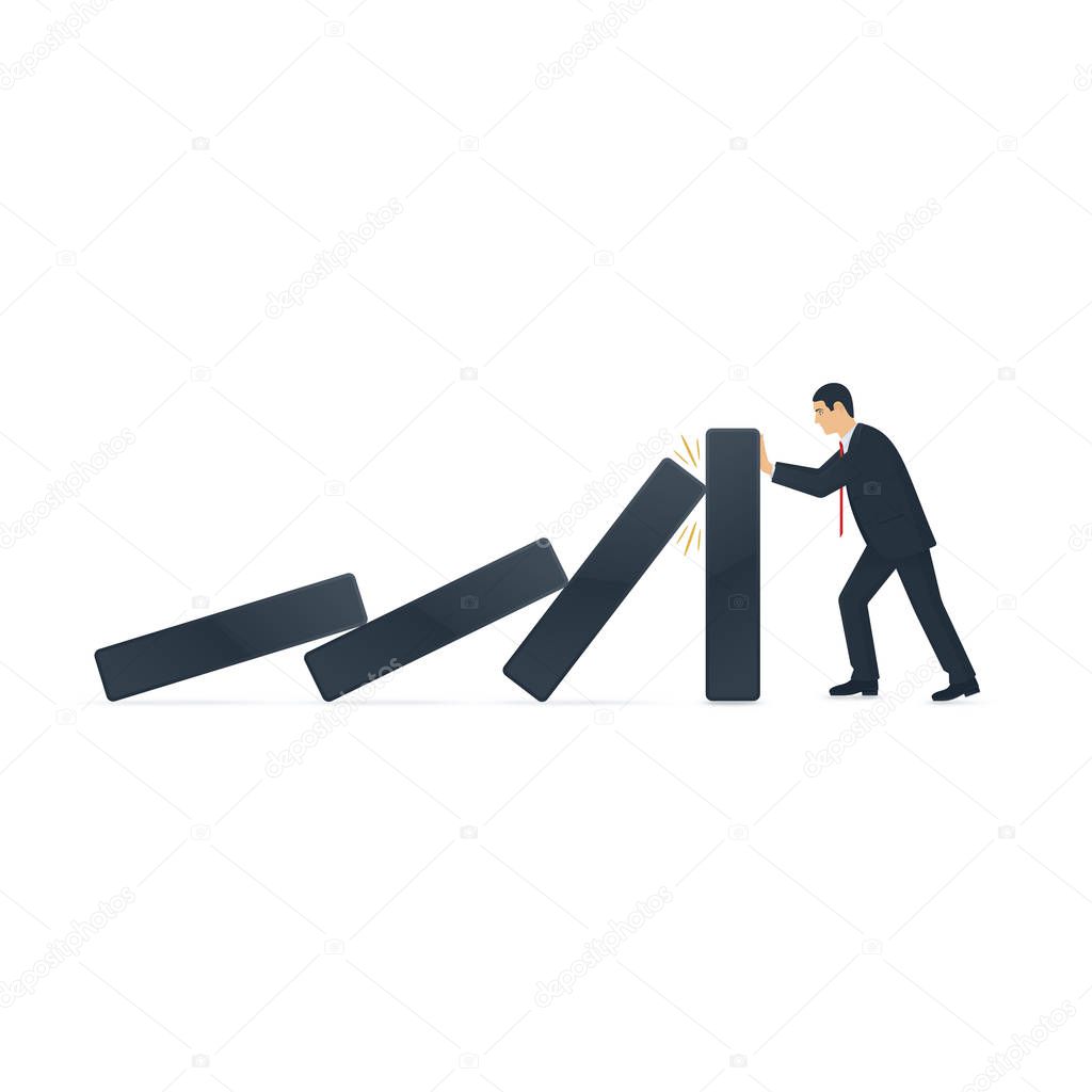 Black dominos on white background, businessman trying to stop falling dominos.