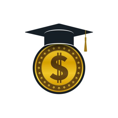 Mezuniyet kep Doları sikke üzerinde beyaz arka plan ile. Eğitim ve mali konsept tasarımı.