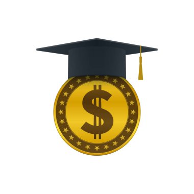 Mezuniyet kep Doları sikke üzerinde beyaz arka plan ile. Eğitim ve mali konsept tasarımı.
