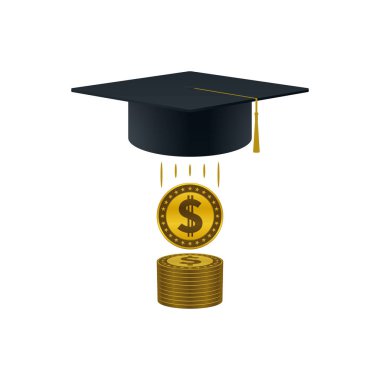 Eğitim destek simgesi ile dolar sikke yığını ve mezuniyet kap beyaz arka plan üzerinde. Eğitim ve mali konsept tasarımı.