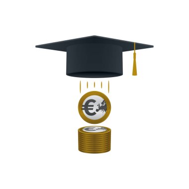 Avro sikkeleri yığını ve beyaz arka planda mezuniyet şapkası olan eğitim destek ikonu. Eğitim ve finansal konsept tasarımı.