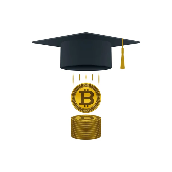 Education support icon with bitcoins and graduation cap on white background. Educational and financial concept design.