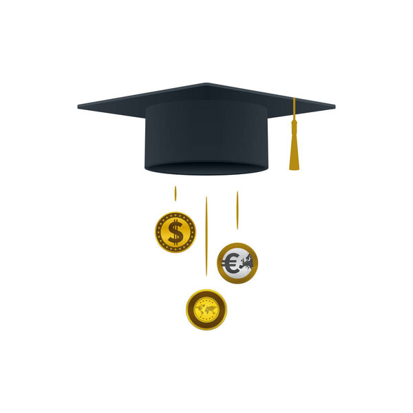 Education support icon with dollar coin, euro coin, gold and graduation cap on white background. Educational and financial concept design.