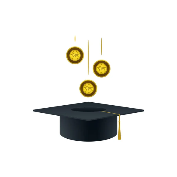 ホワイトを基調とした金貨と卒業キャップを持つ教育への投資の概念 金融の概念設計 — ストックベクタ