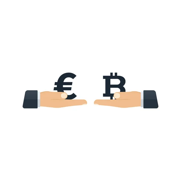 Hands Giving Euro Bitcoin Each Other White Background Financial Concept — Stock Vector