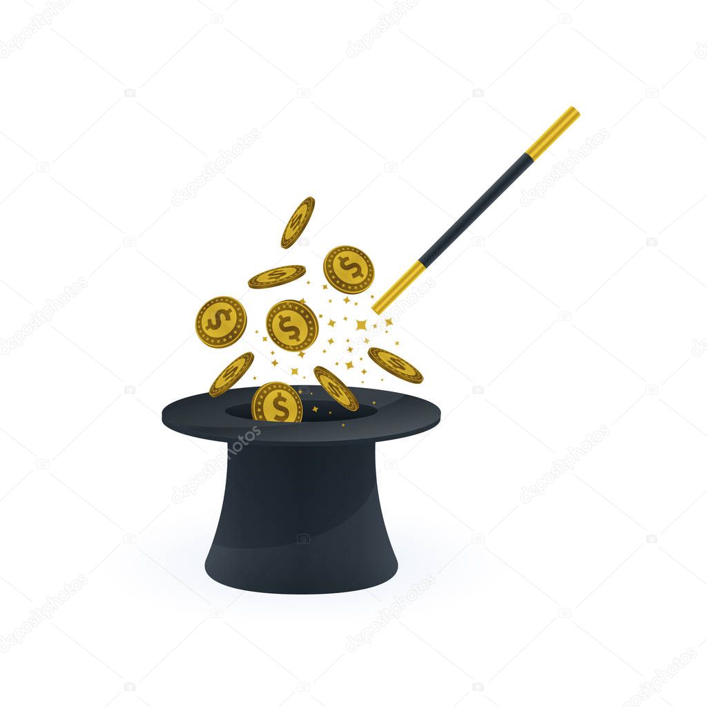 Dollar coins, hat, magic wand, magic stars