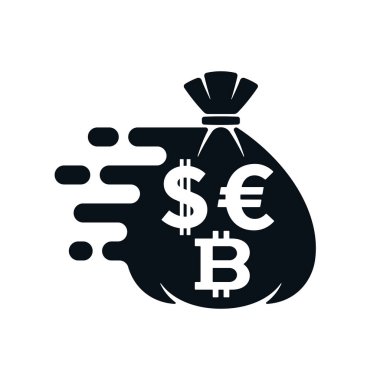 Hızlı para transferi simgesi, dolar işareti, euro simgesi, bitcoin