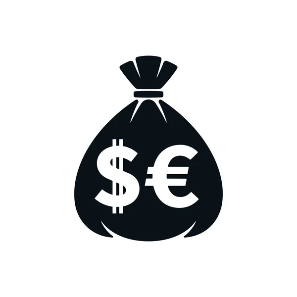 Icono de bolsa de dinero con el signo de dólar y el símbolo del euro — Vector de stock