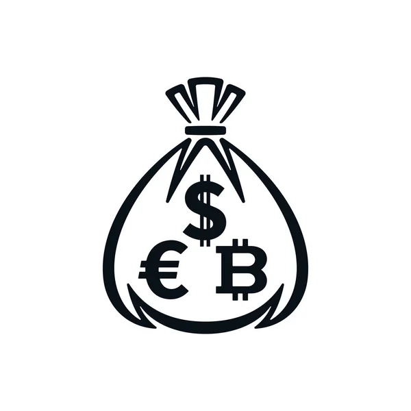 Peníze tašku, znak dolaru, symbol eura, bitcoin — Stockový vektor