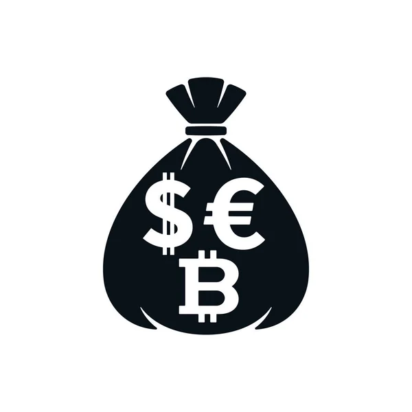 Icône de sac argent signe dollar, symbole de l’euro, bitcoin — Image vectorielle
