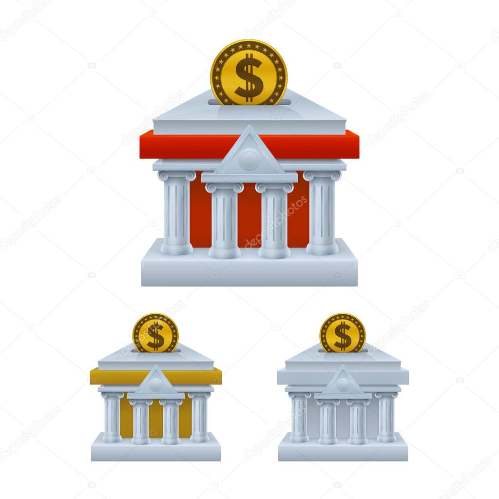 Bank building shaped piggy bank icons with dollar sign