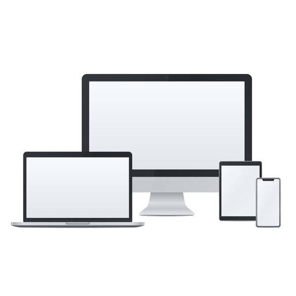 Realistic desktop pc, laptop, tablet pc and smart phone set