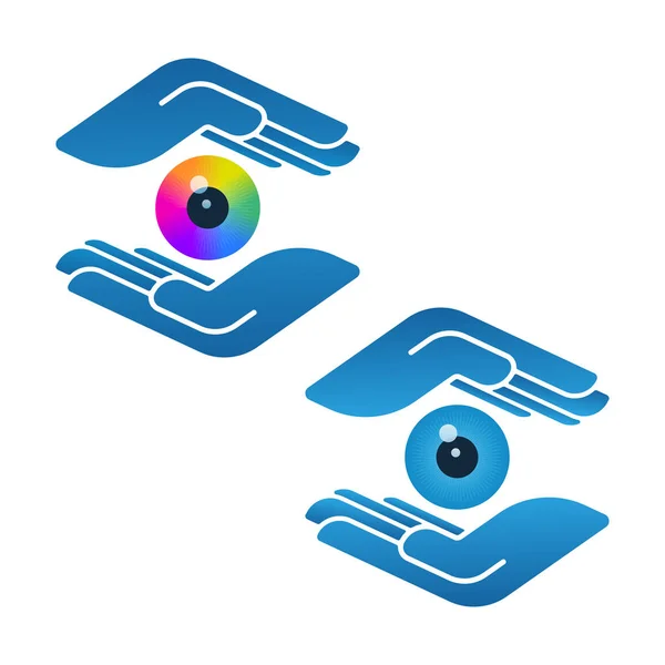 Colorful eyeballs in blue hands — Stock Vector