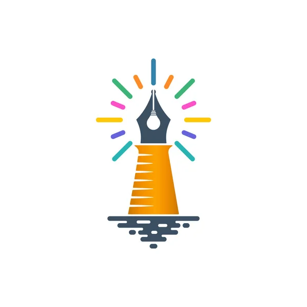 Lighthouse shaped pen nib with bulb and light beams — Stockvector