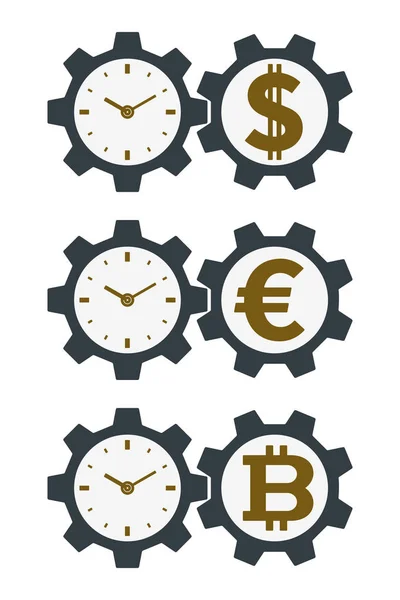 Gear icons with currencies and clock faces