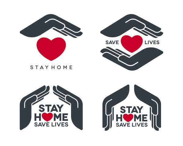 Оставайтесь дома, спасайте жизни коронавируса пандемии концепции. Социальная изоляция векторные иконки с защитными руками символ на белом фоне
.
