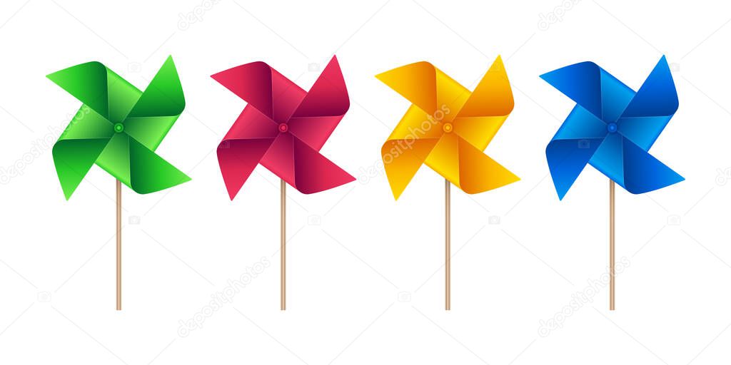 Pinwheel vector icons in various colors. Weather vane symbols on white background.