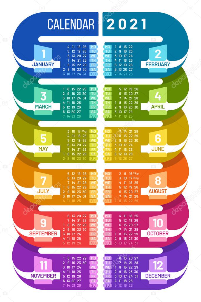 Colorful poster calendar 2021 template in infographic form. Vertical calendar vector design. Week starts on Monday.