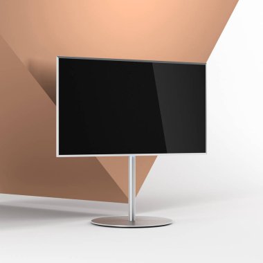 Düz akıllı Tv Mockup metal stand, altın küp ile modern beckground gerçekçi Tv