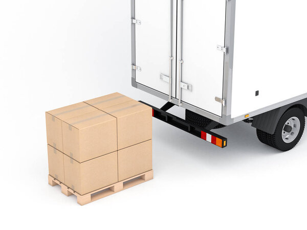 Truck with brown cardboard boxes on euro pallet