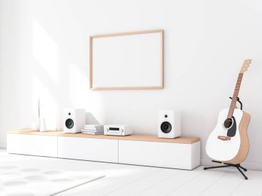 Yatay poster ahşap çerçeve mockup büro, akustik gitar ve stereo pikap sözcü ile ses sistemi ile modern iç