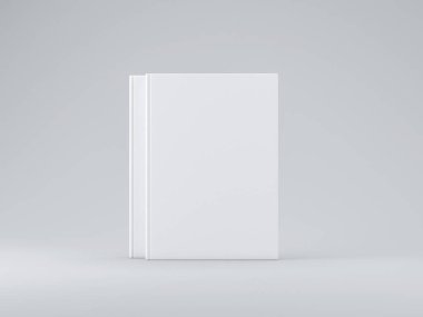 İki beyaz kitabın mockup gri arka plan üzerinde dokulu kapaklı