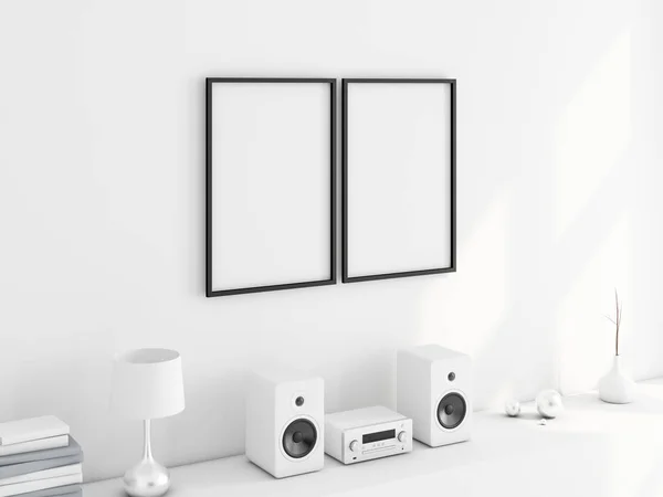 Two Black Poster Frames Mockup Stereo System — Stock Photo, Image