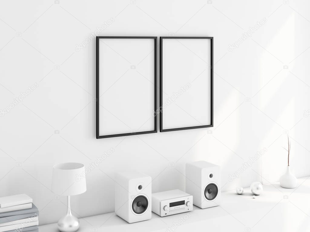 Two Black Poster frames mockup above stereo system