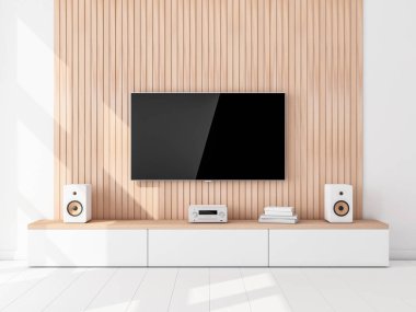 Akıllı TV mockup, modern LED TV ahşap duvara asılı
