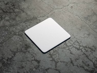 Beyaz karton kare bira coaster Mockup beton zemin üzerinde. 3d render
