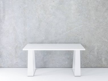 Boş beton duvara karşı beyaz ofis masası mockup. 3d render