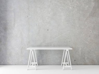 Boş beton duvara karşı beyaz ofis masası mockup. 3d render