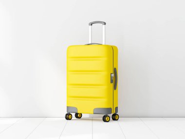 Yellow Travel cabin suitcase in white room, 3d rendering clipart