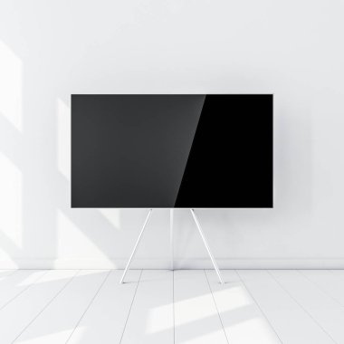 Beyaz odada stand ile Smart Tv Mockup. 3d render