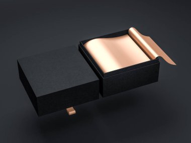 Koyu arka plan üzerinde altın ambalaj kağıdı ile Açık Kare Siyah Hediye Kutusu Mockup, 3d render