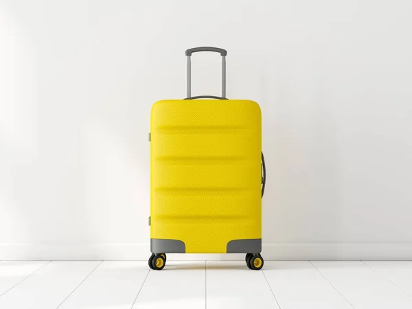白い部屋の黄色の旅行の小屋のスーツケース 3Dレンダリング — ストック写真