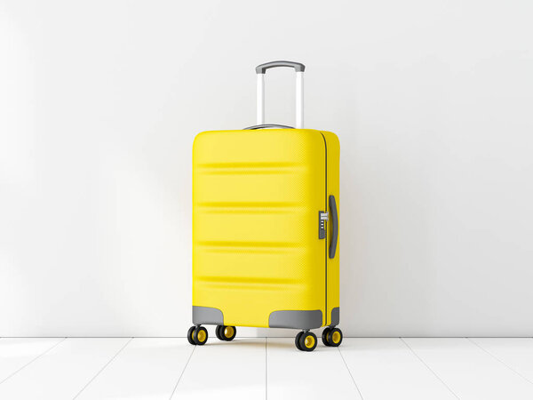 Yellow Travel cabin suitcase in white room, 3d rendering