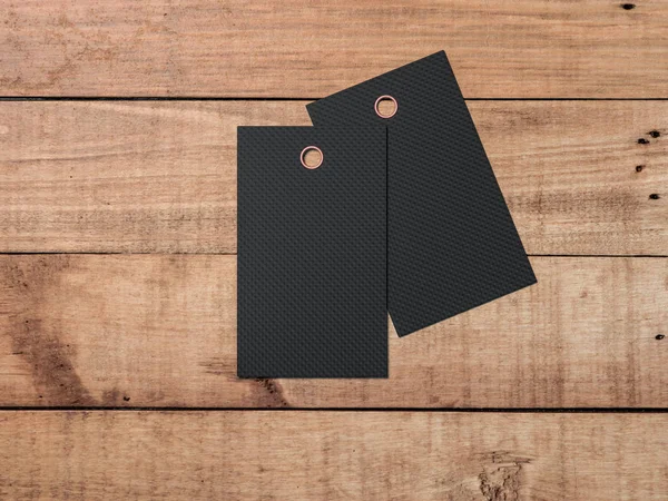 Empty Black Paper Tags Labels Mockup Wooden Table Rendering — Stock Photo, Image