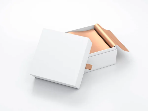Scatola Quadrata Bianca Aperta Confezione Mockup Con Carta Imballaggio Oro — Foto Stock