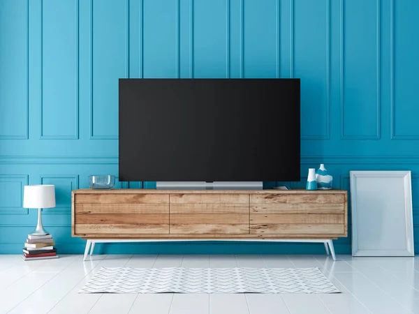 Akıllı Tv Mockup mavi duvar, 3d render ile modern iç konsolda ayakta