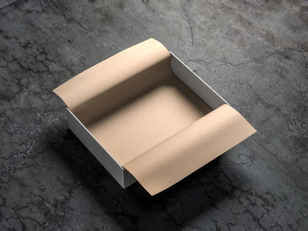 White opened Gift Box packaging Mockup with kraft wrapping paper on concrete floor, 3d rendering